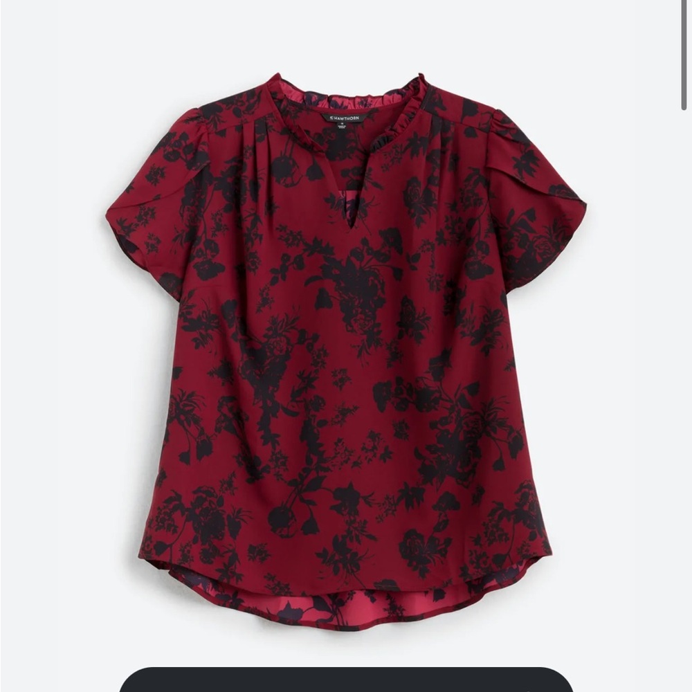 41 Hawthorn Women’s Floral Split-Neck Blouse Burgundy/Black Tiffiny Tulip Sleeve